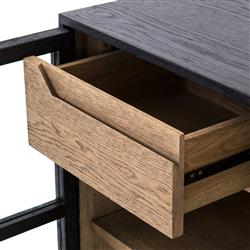 Clarence Rustic Lodge Matte Black Oak Wood Clear Glass 3 Door Sideboard|