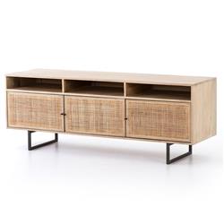 Emilie Mid Century Light Brown Mango Wood Woven Cane Iron Base Media Console - 65"W|