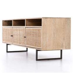 Emilie Mid Century Light Brown Mango Wood Woven Cane Iron Base Media Console - 65"W|