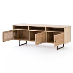 Emilie Mid Century Light Brown Mango Wood Woven Cane Iron Base Media Console - 65"W|