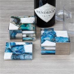 Zoey Modern Classic Green Agate Stone 4 Piece Coasters with Steel Tray|