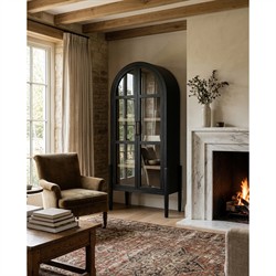 Ivan Mid Century Clear Glass Black Solid Oak Wood 2 Door Arched Display Case|