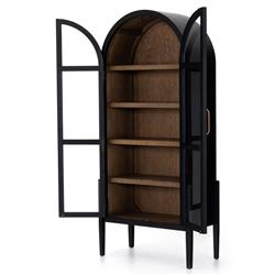 Ivan Mid Century Clear Glass Black Solid Oak Wood 2 Door Arched Display Case|