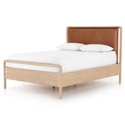 Matthew Modern Classic Brown Upholstered Leather Beige Oak Wood Bed - Queen|