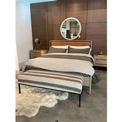 Matthew Modern Classic Brown Upholstered Leather Beige Oak Wood Bed - Queen|