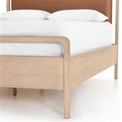 Matthew Modern Classic Brown Upholstered Leather Beige Oak Wood Bed - Queen|