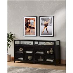 Katren Industrial Loft Clear Tempered Glass Top Black Iron Sideboard|
