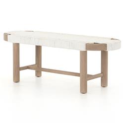 Summer Coastal Beach White Woven Rope Natural Teak Wood Outdoor Bench|