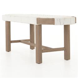 Summer Coastal Beach White Woven Rope Natural Teak Wood Outdoor Bench|