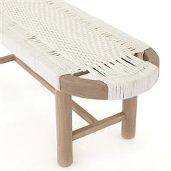Summer Coastal Beach White Woven Rope Natural Teak Wood Outdoor Bench|