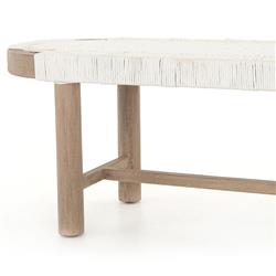 Summer Coastal Beach White Woven Rope Natural Teak Wood Outdoor Bench|