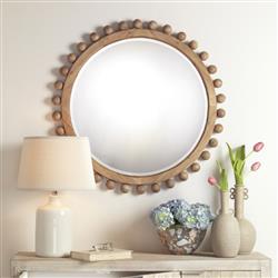 Brooke Coastal Beach Natural Wood Beveled Round Wall Mirror|