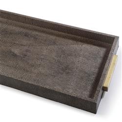Modern Classic Brown Wood Shagreen Wrapped Rectangular Tray|