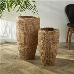 Zuri French Country Brown Woven Seagrass Round Basket Planter - Set of 2|