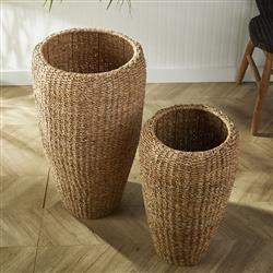 Zuri French Country Brown Woven Seagrass Round Basket Planter - Set of 2|