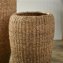 Zuri French Country Brown Woven Seagrass Round Basket Planter - Set of 2|