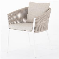 Porter Coastal Beach Beige Cushion White Aluminum Woven Outdoor Dining Arm Chair|