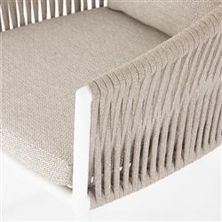 Porter Coastal Beach Beige Cushion White Aluminum Woven Outdoor Dining Arm Chair|