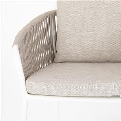 Porter Coastal Beach Beige Cushion White Aluminum Woven Outdoor Dining Arm Chair|