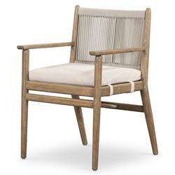 Rose Coastal Off White Upholstered Seat Woven Rope Wood Outdoor Dining Arm Chair|