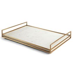 Tina Hollywood Regency Gold Iron Frame White Marble Rectangular Serving Tray|