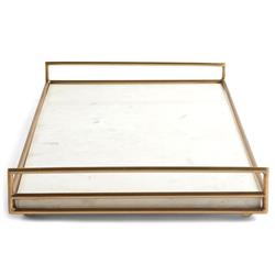 Tina Hollywood Regency Gold Iron Frame White Marble Rectangular Serving Tray|