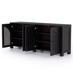 Kashton Mid Century Black Wash Mango Wood Arched Cane 4 Door Sideboard|