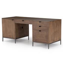 Theodore Industrial Loft Brown Wood Black Leather Pull Office Desk|