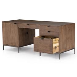 Theodore Industrial Loft Brown Wood Black Leather Pull Office Desk|