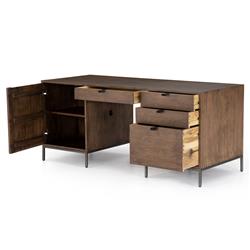Theodore Industrial Loft Brown Wood Black Leather Pull Office Desk|