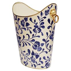 Worlds Away Regency Cream Metal Blue Leaves Gold Accent Oval Wastebasket|