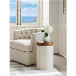 Crest Rustic White Oak Wood Brass Top Cylindrical Base End Table|