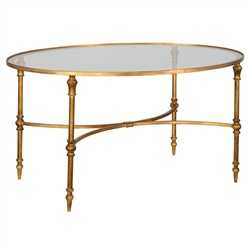 Victoria Hollywood Regency Antiqued Gold Frame Glass Top Oval Coffee Table|
