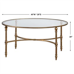 Victoria Hollywood Regency Antiqued Gold Frame Glass Top Oval Coffee Table|