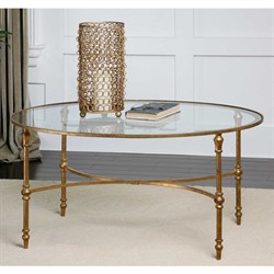 Victoria Hollywood Regency Antiqued Gold Frame Glass Top Oval Coffee Table|