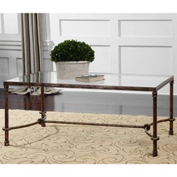 William Updated Traditional Bronze Patina Iron Glass Rectangular Coffee Table|