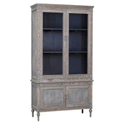 Jona French Country Grey Pine Clear Glass Door Dining Hutch China Cabinet|