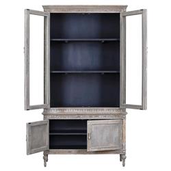 Jona French Country Grey Pine Clear Glass Door Dining Hutch China Cabinet|