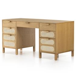 Allie Coastal Light Brown Oak Wood Natural Woven Cane Desk|