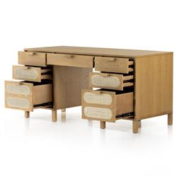 Allie Coastal Light Brown Oak Wood Natural Woven Cane Desk|