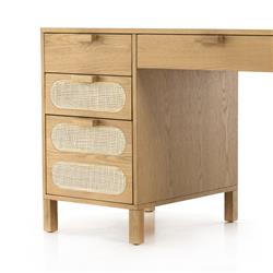 Allie Coastal Light Brown Oak Wood Natural Woven Cane Desk|