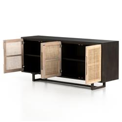 Marina Coastal Beach Black Solid Mango Wood Woven Cane Sideboard|