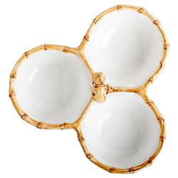 Juliska Natural Bamboo Rim White Ceramic Triple Cocktail Serving Bowl|