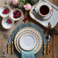 Juliska Natural Bamboo Rim White Ceramic Triple Cocktail Serving Bowl|