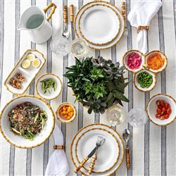 Juliska Natural Bamboo Rim White Ceramic Triple Cocktail Serving Bowl|