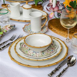 Juliska Natural Bamboo Rim White Ceramic Dinner Plate|