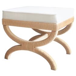 Worlds Away Xanadu Coastal Beach White Upholstered Seat Natural Rope Stool|