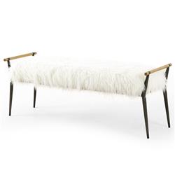 Mark Mid Century Cream Mongolia Fur Seat Black Steel Brown Oak Entryway Bench|