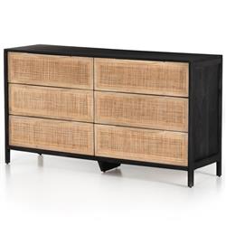Rhian Coastal Beach Black Mango Wood Frame Natural Woven Cane 6 Drawer Double Dresser|