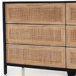 Rhian Coastal Beach Black Mango Wood Frame Natural Woven Cane 6 Drawer Double Dresser|